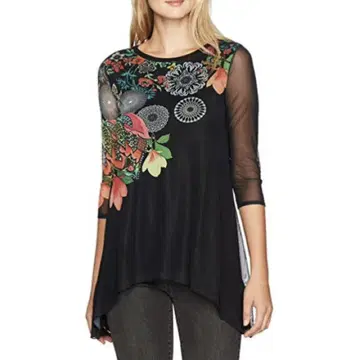 Desigual 시어 스팽글 블라우스 튜닉 대형 루즈핏 블랙