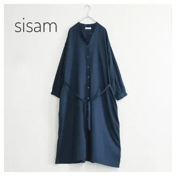 새상품급 sisam 텐셀 스탠드 카라 셔츠 원피스 네이비 아이보리노