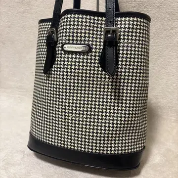 미사용급 Ralph Lauren 하운드투스 체크 패턴 토트백 가죽 캔버스