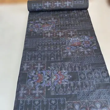 한국산 오시마 명주 검정 바탕 꽃무늬 순견