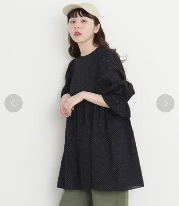 린넨 핀도트 퍼프 슬리브 튜닉 블라우스