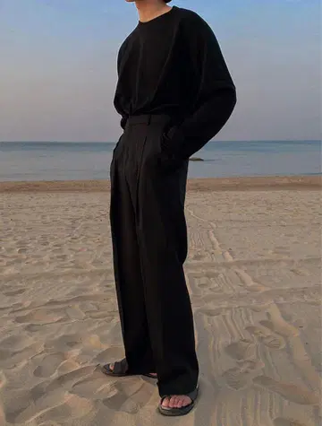 [미착용] ASCLO Banding Wide Slacks 슬랙스 블랙 M