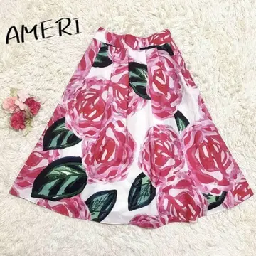 초레어 AMERI 롱 스커트 레트로 플라워 장미 종아리 기장 핑크