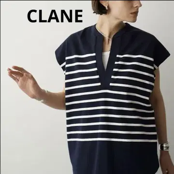 CLANE 와이드 헨리넥 슬리브리스 보더 상의