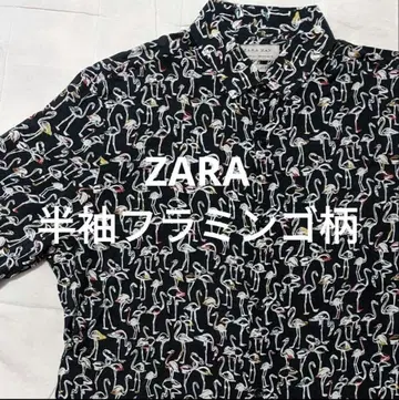 ZARA 반팔 플라밍고 패턴 셔츠 블랙