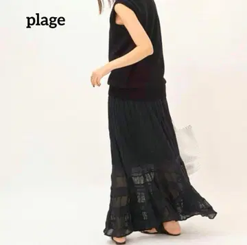 플라주 크레이프 티어드 롱 스커트 코튼 블랙 시어 M