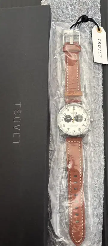 [미사용 신품] TSOVET SMT-DE40 실버 탄 가죽 크로노그래프