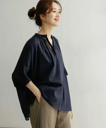 DOORS 코튼 보일 튜닉 블라우스 네이비 5부 소매 풀오버 면