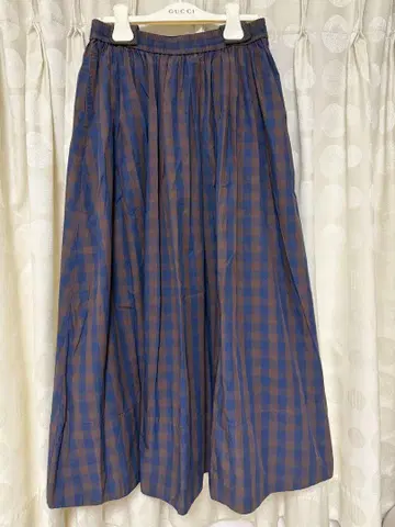 브라운 블루 체크 롱 스커트