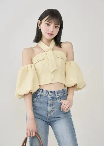 [완판템] Darich 다리치 홀터넥 오프숄더 트위드 상의