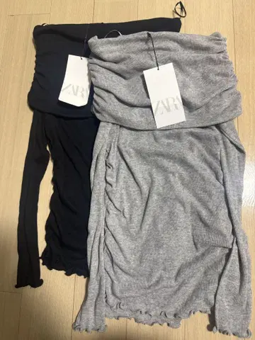 새상품 ZARA 개더 시어 코튼 상의 오프숄더 블랙 & 그레이