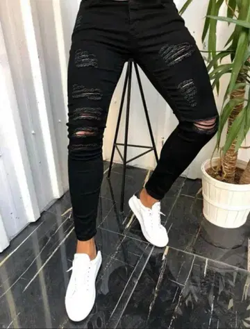 블랙 데미지 스키니 팬츠