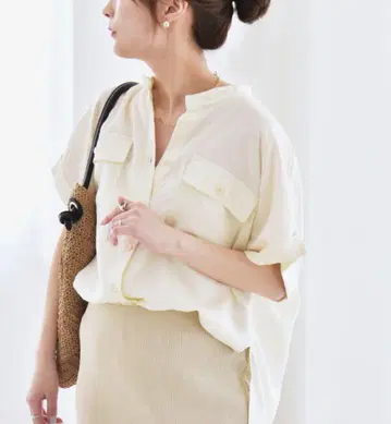 <손세탁 가능> 밴드 카라 하프 슬리브 포켓 워크 셔츠
