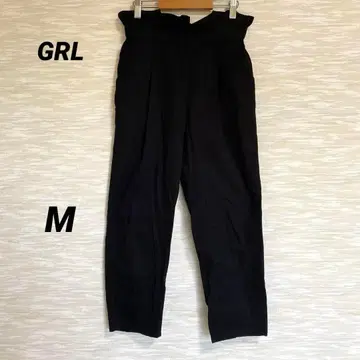 GRL 블랙 팬츠 [M] 허리 밴딩 프릴 심플 0382