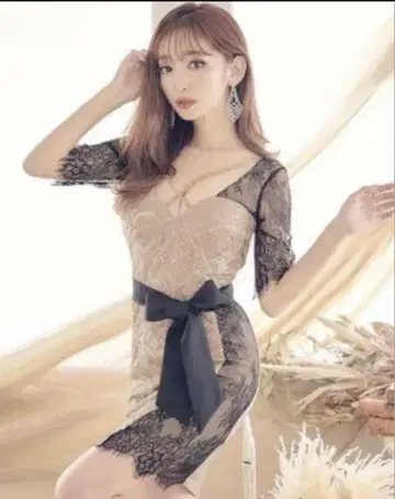 베이지색과 블랙 레이스 드레스