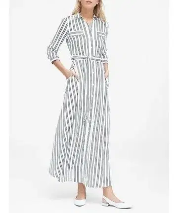 BANANA REPUBLIC 스트라이프 8부 소매 롱 원피스 S