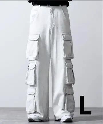 CLEL 3D 메니 포켓 데님 카고 팬츠 화이트 계열 L 사이즈