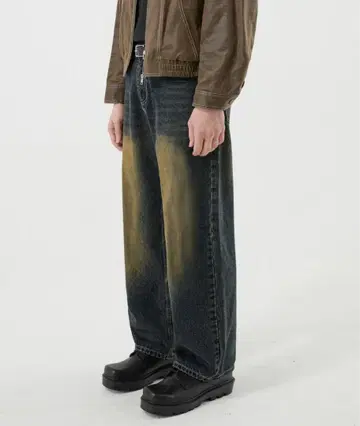washing wide denim pants (DEEP GREEN)