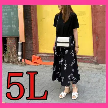 [ 블랙 5L ] 여성용 넉넉한 롱 원피스 반팔 도킹 봄/여름 4XL