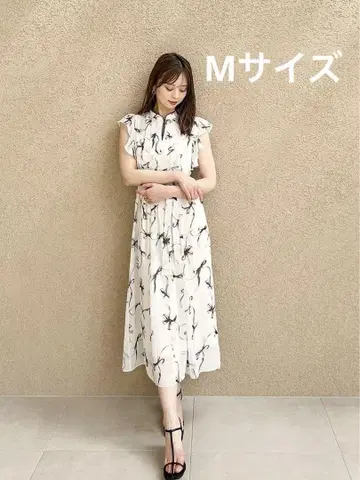 SNIDEL 스나이델 한정 프릴 슬리브 리본 프린트 원피스