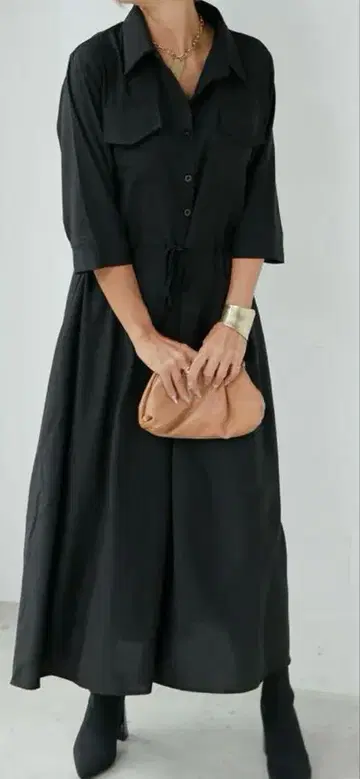 플러스 오토하, 블랙 셔츠 원피스 7부 소매