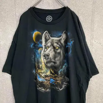 애니멀 울프 늑대 빅 프린트 블랙 티셔츠 3XL