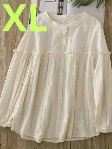 세련된 t 프릴 자수 긴팔 블라우스 아이보리 XL 면 100% 귀여운