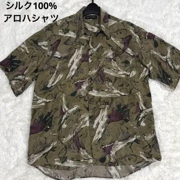 실크 100% 알로하 셔츠 반팔 올 패턴 그린 카키 카모플라주
