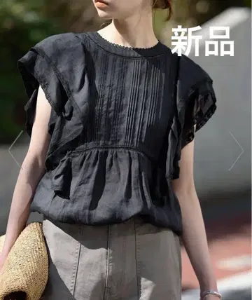 Slobe iena 라미 프릴 핀턱 블라우스 블랙 린넨 마