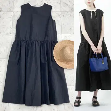 컨디션 최상 ROBE de PEAU 린넨 코튼 바이컬러 원피스 블랙