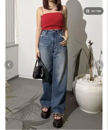 EVRIS 레이스 그래픽 와이드 데님 팬츠