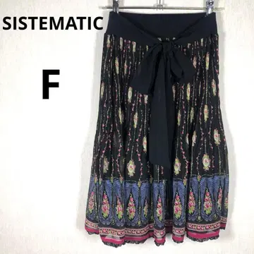 SISTEMATIC F 꽃무늬 쉬폰 플리츠 스커트 허리 리본 블랙