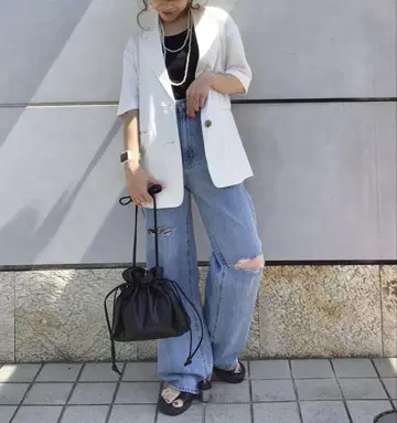 GU 린넨 블렌드 오버사이즈 하프 슬리브 자켓 XL 화이트