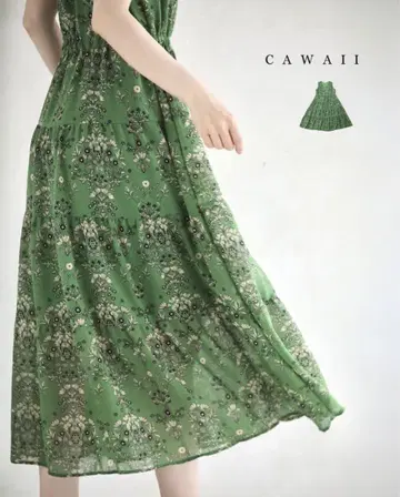 CAWAII 미니 꽃무늬 프린트 여름 미디엄 원피스 그린 여름 S~2L