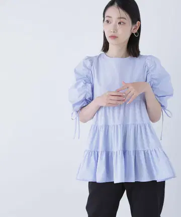 NATURALBEAUTYBASIC 개더 슬리브 티어드 튜닉 블라우스
