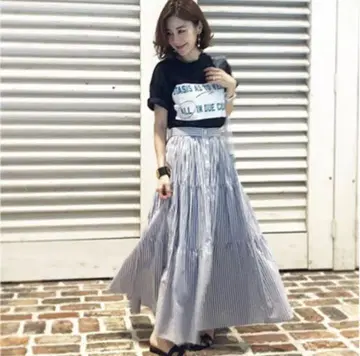 오블리 obli 스트라이프 티어드 롱 스커트