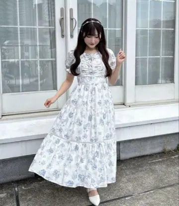 evelyn 꽃무늬 개더 롱 OP 원피스 블루
