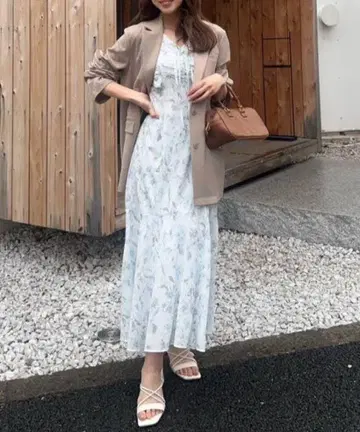 rienda 프릴 플라워 롱 원피스 여름옷 반팔