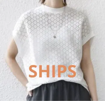 [ SHIPS ] 레이스 반팔 티셔츠 상의 화이트