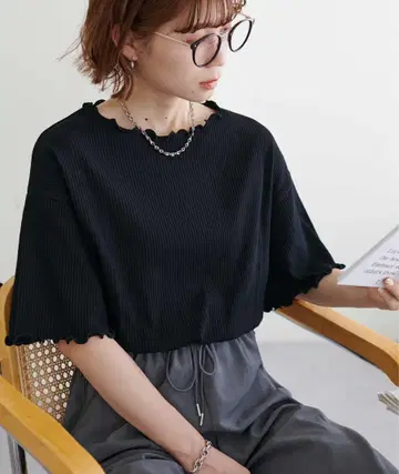 [미사용] 리브 메로우 플레어 5부 소매 블랙 M 사이즈