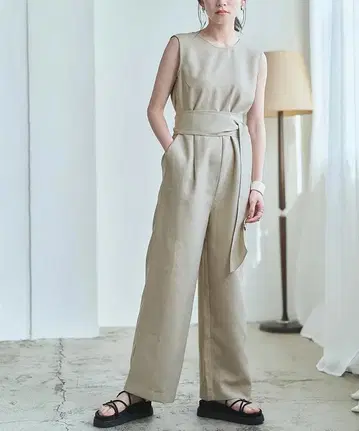 린넨 라이크 허리 리본 올인원 멜빵 바지 V넥