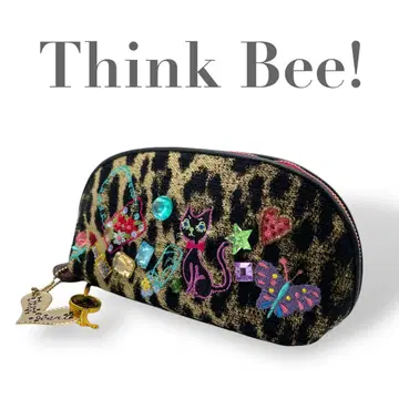 Think Bee! 저스트 하트 레오파드 자수 파우치 고양이