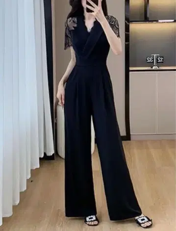블랙 레이스 소매 올인원 2XL