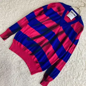 MOSCHINO 보더 무늬 니트 블루 핑크 F V넥 멋쟁이