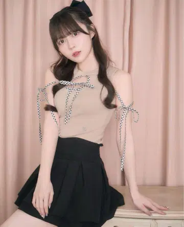 미셸 마카롱 깅엄 체크 리본 니트탑 핑크