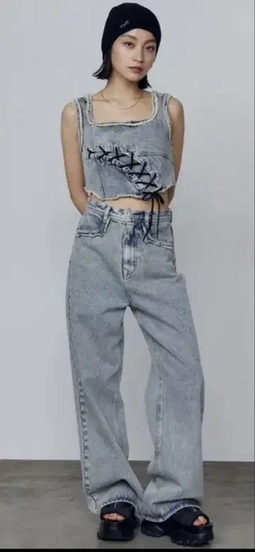 EMODA 하이웨스트 와이드 레그 데님 팬츠