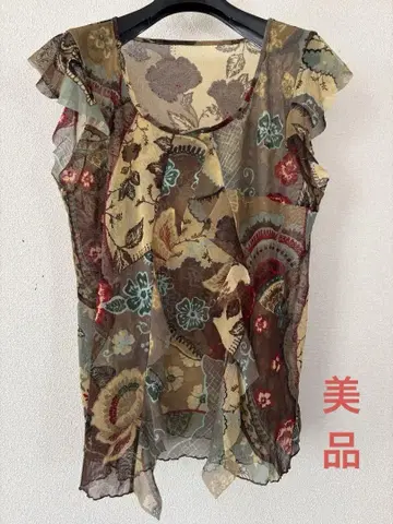 io comme io 꽃무늬 기하학 패턴 프릴 슬리브리스 튜닉 (M)