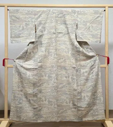 A 홑옷 풍경 무늬 베이지색 내추럴 명주 코몬 기모노
