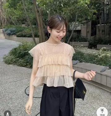 튤 프릴 프렌치 슬리브 상의 hinari