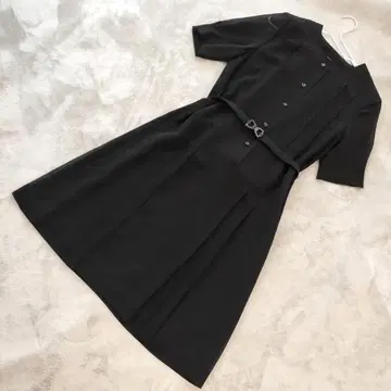 VIBA MARY 블랙 포멀 원피스 벨트 반팔 스트라이프